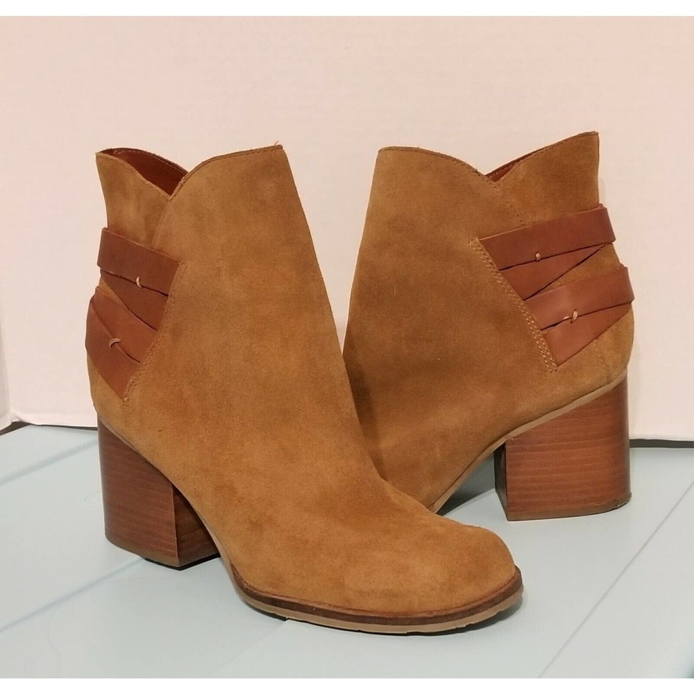 MIA Heritage Genessa Bark Chestnut Brown Suede Strappy Stacked Heel Booties 8.5